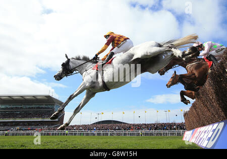 Dynaste, gefahren von Jockey Tom Scudamore, der in der ersten Runde während der Betfred Bowl Chase am Grand Opening Day des Crabbie's Grand National Festivals auf der Aintree Racecourse, Liverpool, die Führung übernahm. Stockfoto