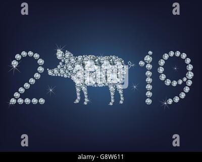 Frohes neues Jahr 2019 kreative Grußkarte mit Schwein machte eine Menge Diamanten Stock Vektor