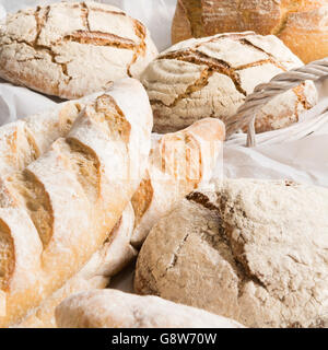 frisch gebackene Handwerker Brote in weißen geflochtenen Korb - Nahaufnahme Stockfoto