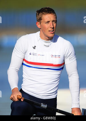 Chris Calvert, nachdem er das C1-200-m-Finale der Männer während der Mannschaftsolympischen Sprint-Auswahltrials im National Water Sports Center in Nottingham gewonnen hatte. Stockfoto