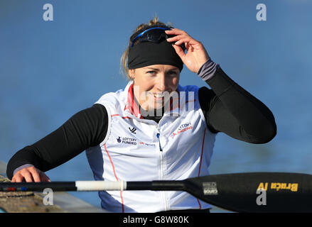 Jessica Walker nach dem Gewinn des K1-200-m-Finales der Frauen während der Mannschaftsolympischen Sprint-Auswahltrials im National Water Sports Center, Nottingham. Stockfoto