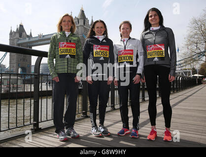 London Marathon Elite Women's Photocall - Tower Hotel. Die britische (von links nach rechts) Sonia Samuels, Freya Ross, Alyson Dixon und Susan Partridge während der Fotozelle im Tower Hotel, London. Stockfoto