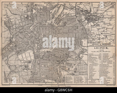 LEIPZIG antiken Stadt Stadt attraktivem II. Sachsen-Karte. BAEDEKER, 1886 alte Karte Stockfoto