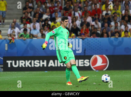 Nizza, Frankreich - 22. Juni 2016: Torhüter Thibaut Courtois Belgiens in Aktion während der UEFA EURO 2016 Spiel gegen Schweden im Allianz Riviera Stade de Nice, Nizza, Frankreich. Belgien gewann 1: 0 Stockfoto