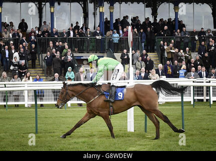 Arctic Court unter Sean Bowen gewinnt das Sekoo Logistics Scotland Handicap Hurdle Race während des Ladies Day des Coral Scottish Grand National Festivals auf der Ayr Racecourse. Stockfoto