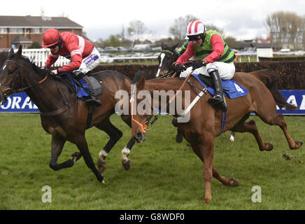 Definitiv Rot, das Danny Cook auf seinem Weg zum Gewinn des Hillhouse Quarry Handicap Steeple Chase während des Ladies Day of the Coral Scottish Grand National Festival auf der Ayr Racecourse gefahren hat. DRÜCKEN SIE VERBANDSFOTO. Bilddatum: Freitag, 15. April 2016. Siehe PA Story RACING Ayr. Bildnachweis sollte lauten: Jane Barlow/PA Wire Stockfoto