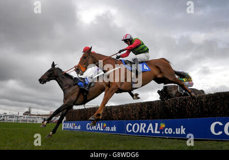 Definitiv Rot, das Danny Cook auf seinem Weg zum Gewinn des Hillhouse Quarry Handicap Steeple Chase während des Ladies Day of the Coral Scottish Grand National Festival auf der Ayr Racecourse gefahren hat. DRÜCKEN SIE VERBANDSFOTO. Bilddatum: Freitag, 15. April 2016. Siehe PA Story RACING Ayr. Bildnachweis sollte lauten: Jane Barlow/PA Wire Stockfoto