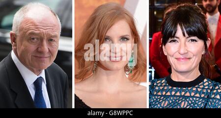 Fotos von (von links) Ken Livingstone, Jessica Chastain und Davina McCall. Stockfoto