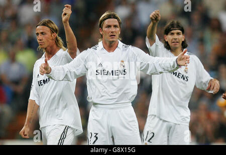 David Beckham von Real Madrid mit Guti und Pablo Garcia Stockfoto