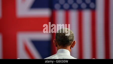 US-Präsident Barack Obama spricht in der Lindley Hall in Westminster, London, wo er ein Treffen im "Town Hall-Stil" abhielt und Fragen gewöhnlicher Briten beantwortete. Stockfoto