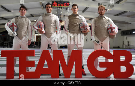 Großbritannien (von links nach rechts) Marcus Mepstead, James Davis, Richard Kruse und Laurence Halsted posieren für ein Gruppenfoto während der Ankündigung des Fechtteams im britischen Fechtsport Elite Training Center, London Stockfoto