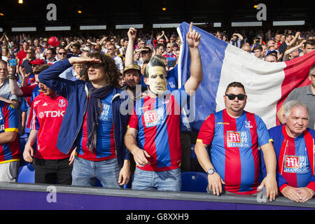 Crystal Palace gegen Stoke City - Barclays Premier League - Selhurst Park. Crystal Palace-Fans zeigen beim Spiel der Barclays Premier League im Selhurst Park, London, Unterstützung für ihr Team. Stockfoto