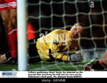 Fußball - Littlewoods FA Cup Dritte Runde - Tottenham Hotspur gegen Fulham. Fulham-Torhüter Maik Taylor schaut enttäuscht auf, nachdem er den Ball für Tottenham Hotspors drittes Tor in sein eigenes Netz geschlagen hat Stockfoto