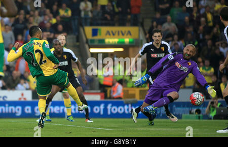 Nathan Redmond (links) von Norwich City sieht eine Anstrengung, die Watford-Torhüter Heurelho Gomes während des Spiels der Barclays Premier League in Carrow Road, Norwich, eingespart hat. Stockfoto