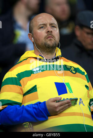 Die Fans von Norwich City sehen niedergeschlagen aus, als sie während des Barclays Premier League-Spiels in der Carrow Road, Norwich, zur Halbzeit die Punktzahlen anderer Spiele überprüfen. Stockfoto