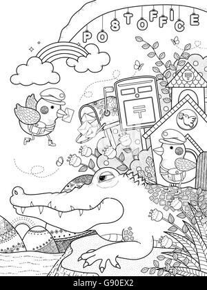 Erwachsene Malvorlagen - niedliche Alligator mit Vögel Briefträger Stock Vektor