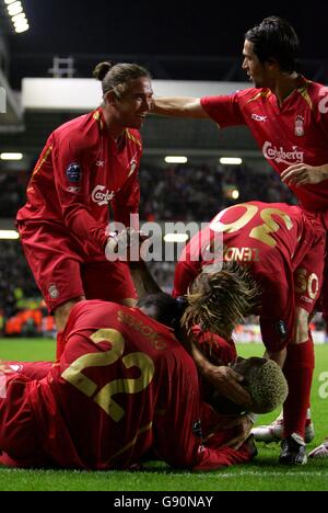 Fußball - UEFA Champions League - Gruppe G - Liverpool / Anderlecht - Anfield. Liverpools Harry Kewell, Luis Garcia, Mohamed Sissoko und Boudewijn Zenden helfen Djibril Cisse, sein Ziel zu feiern Stockfoto