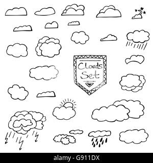 Satz von Hand gezeichnet Doodle Wolken. Vektor-Illustration. Isoliert auf weißem Hintergrund. Stock Vektor