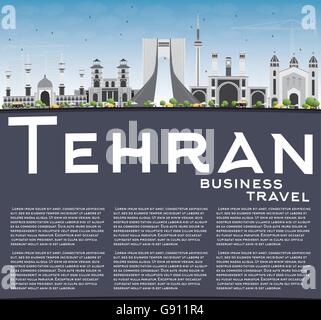 Teheran Skyline mit grauen Wahrzeichen, blauer Himmel und Textfreiraum. Vektor-Illustration. Geschäftsreisen und Tourismus-Konzept Stock Vektor