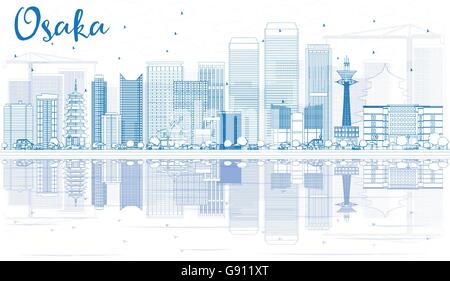 Umriss Osaka Skyline mit blauen Gebäuden und Reflexionen. Vektor-Illustration. Wirtschaft und Tourismus-Konzept Stock Vektor