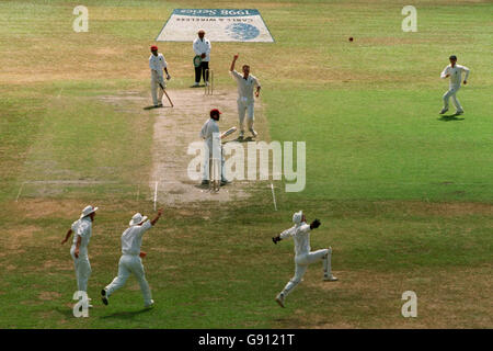 England Wicket Keeper, Jack Russell feiert Fang West Indies Kapitän, Brian Lara aus einem Ball von Angus Fraser ausgeguckt Stockfoto