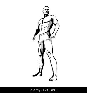 Comic-Buch-Held-Pose in Skizze Tinte Abbildung Stockfoto