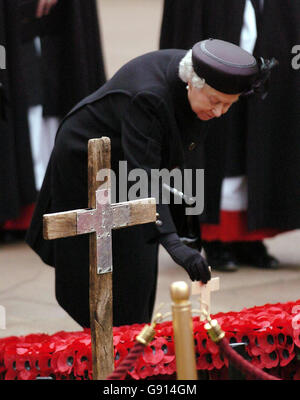 Die britische Königin Elizabeth II. Eröffnet das Feld des Gedenkens zu Ehren der gefallenen Helden Großbritanniens auf dem Gelände der Westminster Abbey im Zentrum von London, Donnerstag, 10. November 2005. Jedes Holzkreuz trägt den Namen, viele handgeschrieben auf dem hellen Holz, eines verlorenen geliebten Menschen, eines scharlachroten Mohns und einer Botschaft des Gedenkens. Die dünnen, kahlen Symbole sind in fast 250 Regimentsplots gruppiert, die diejenigen darstellen, die in den Schlachten vor langer Zeit vom Ersten Weltkrieg bis zu denen getötet wurden, die vor kurzem im Irakkrieg starben. Siehe PA Geschichte ROYAL Remembrance. DRÜCKEN Sie VERBANDSFOTO. Bildnachweis sollte lauten: Michael Stockfoto