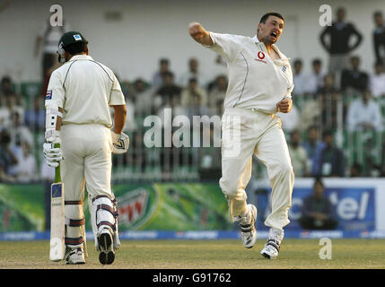Der englische Steve Harmion feiert die Abfuhr von Pakistans Kamran Akmal für 9 Läufe am vierten Tag des zweiten Testmatches im Iqbal Stadium, Faisalabad, Pakistan, Mittwoch, 23. November 2005. DRÜCKEN Sie VERBANDSFOTO. Bildnachweis sollte lauten: Gareth Copley/PA. ***- KEINE HANDY-NUTZUNG*** Stockfoto