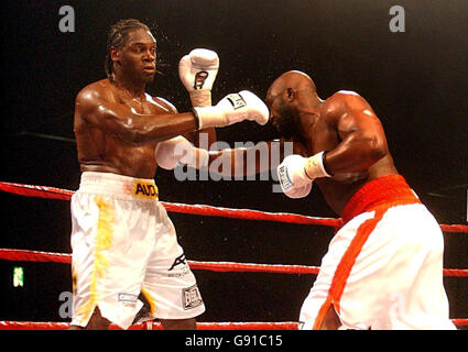 Danny Williams in Aktion gegen Audley Harrison (L) während ihres Commonwealth-Schwergewicht-Titelkampfes in der Excel Arena in London, Samstag, 10. Dezember 2005. Williams ergriff den Commonwealth-Schwergewichtstitel und versetzte Harrison seine erste berufliche Niederlage. Siehe PA Story BOXING London. DRÜCKEN Sie VERBANDSFOTO. Bildnachweis sollte lauten: Sean Dempsey/PA. Stockfoto