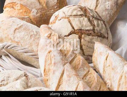 frisch gebackene Handwerker Brote in weißen geflochtenen Korb - Nahaufnahme Stockfoto