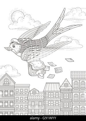 Erwachsene Malvorlagen - Schwalbe Briefträger fliegen durch Stadt Stock Vektor
