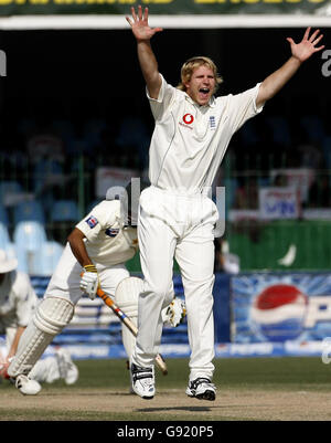 Matthew Hoggard aus England feiert am zweiten Tag des dritten Testkampfes im Gaddafi-Stadion in Lahore, Pakistan, am 30. November 2005, die Fallenführung von Asim Kamal aus Pakistan für 5 Läufe. Siehe PA Geschichte CRICKET England. DRÜCKEN SIE VERBANDSFOTO. Bildnachweis sollte lauten: Gareth Copley/PA Stockfoto