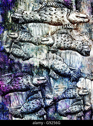 viele schwarze und weiße Fische, gestützt auf abstrakten Hintergrund. Stockfoto