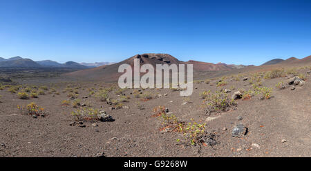 Blick in Richtung Nationalpark Timanfaya, vulkanische Landschaft Lanzarotes Stockfoto
