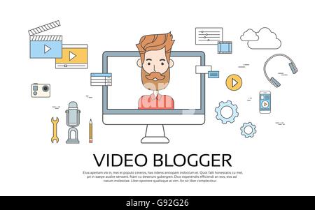 Mann-Blogger Video-Computer-Blogging-Konzept Stock Vektor