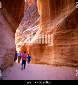 Der Siq Eingang in die alte Stadt Petra in Jordanien, die aus dem Felsen gehauen wurde. Es ist jetzt ein UNESCO-Weltkulturerbe. Stockfoto