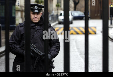 Ein bewaffneter Polizeibeamter steht am Mittwoch, den 18. Januar 2006, hinter den Toren der Downing Street in London. Früher wurde aufgedeckt, dass extremistische Väter-Aktivisten darüber diskutierten, Tony Blairs jüngsten Sohn wegen eines Werbestunts zu schnappen, aber die Polizei vereitelte den Plan frühzeitig und es war unklar, ob die Beteiligten die Fähigkeit hatten, ihn durchzubringen oder wie weit das Vorhaben fortgeschritten war. Siehe PA Geschichte POLITIK Blair. DRÜCKEN SIE VERBANDSFOTO. Bildnachweis sollte lauten: Ian Nicholson / PA. Stockfoto