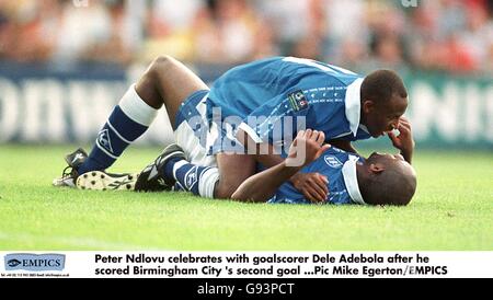 Fußball - Nationwide League Division One - Port Valle / Birmingham City. Peter Ndlovu (oben) von Birmingham City feiert mit Teamkollege DELE Adebola (unten), nachdem er das zweite Tor von Birmingham City erzielt hatte Stockfoto