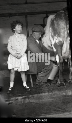 1930er Jahren Schuppen historische Bild eines jungen Mädchens in einer Kuh stehen neben einem Landwirt, der manuell eine Kuh, England Melken. Stockfoto