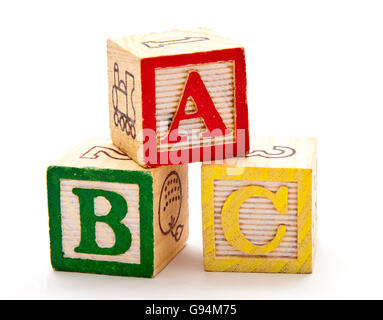 Hölzerne ABC Blocks, Isolated on White Stockfoto