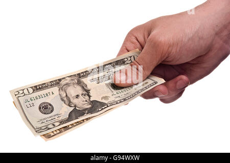Geld-Zahlung mit Dollar, Isolated on White Background Stockfoto
