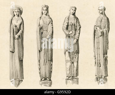 Antik, Gravur, um 1880, der Statuen 13. Jahrhundert Figuren der Königinnen und Prinzessinnen an der Kathedrale von Chartres. QUELLE: ORIGINAL GRAVUR. Stockfoto