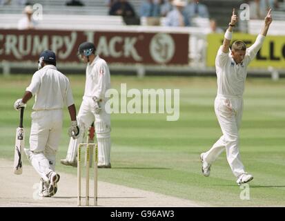 Cricket - Zweiter Test - England gegen Neuseeland - Dritter Tag. Der englische Aftab Habib wird vom neuseeländischen Nathan Astle nach dem Bowling von Geoff Allott in den Hintergrund getappt Stockfoto