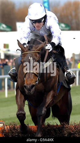 Black Jack Ketchum unter dem Jockey Tony McCoy gewinnt die Hürde der Novizen im Rahmen des ersten Tages des Grand National Meetings auf der Aintree-Rennbahn, Freitag, 7. April 2006. Stockfoto