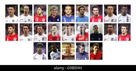 PA-Verbund aus (Top L-R) John Terry, Rio Ferdinand, Joe Cole, Robert Green, Paul Robinson, David James, Wayne Brideg, Michael Owen, Jamie Carragher; (Mitte L-R) Steven Gerrard, Gary Neville, Wayne Rooney, Frank Lampard, David Beckham, Sol Campbell, Jermaine Jenas, Ashley Cole, Michael Carrick; (unten L-R) Owen Hargreaves, Aaron Lennon, Theo Walcott, Peter Crouch und Stewart Downing; Die im englischen Kader für die Weltmeisterschaft in Deutschland ausgewählt wurden. Stockfoto