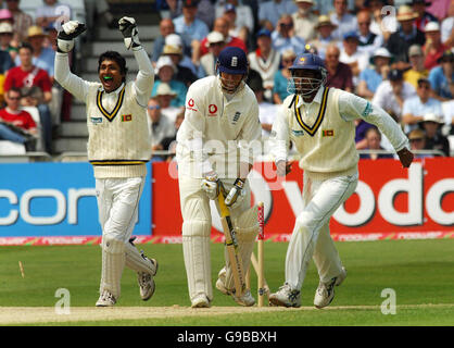 Sri Lanka Wicketkeeper Kumar Sangakkara (L) und chamara Kapugedera (R) feiern, nachdem Englands MarcusTrecodick am vierten Tag des dritten npower-Test-Spiels in Trent Bridge, Nottingham, für 31 Läufe von Muttiah Muralitharan sauber gewirtet wird. Stockfoto