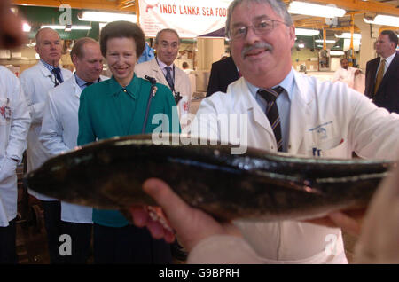 Der Fischhändler William Thornton greift nach einem Lachs, der dem Oberbürgermeister von Tower Hamlets vom Oberbürgermeister in Anwesenheit der Prinzessin Royal auf dem Billingsgate Market im Osten Londons überreicht werden sollte. DRÜCKEN Sie VERBANDSFOTO. Bilddatum: Mittwoch, 7. Juni 2006. Prinzessin Anne wurde bei ihrem ersten Besuch dort eine Tour durch den Fischmarkt gegeben, begleitet vom Oberbürgermeister und dem Oberbürgermeister der Tower Hamlets. DRÜCKEN SIE VERBANDSFOTO. Bildnachweis sollte lauten: Johnny Green/PA Stockfoto