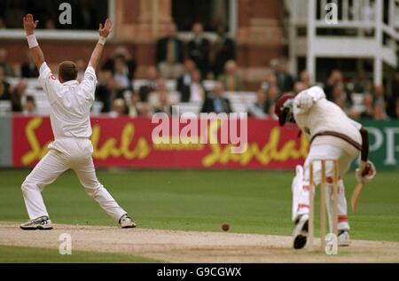 Der englische Dominic Cork (l) feiert den König der Westindischen Inseln (r) aus lbw für sieben Stockfoto