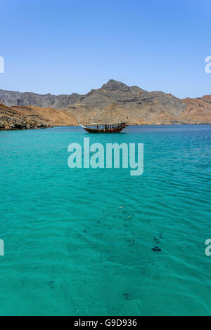 Traditionelle arabische Daus mit Touristen und Fischen im wilden Fjord der Halbinsel Musandam, Sultanat von Oman Stockfoto