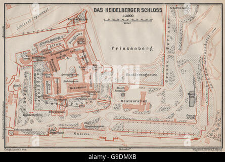 HEIDELBERGER SCHLOSS Burg. Grundriss-Skizze. Baden-Württemberg Karte, Karte von 1906 Stockfoto